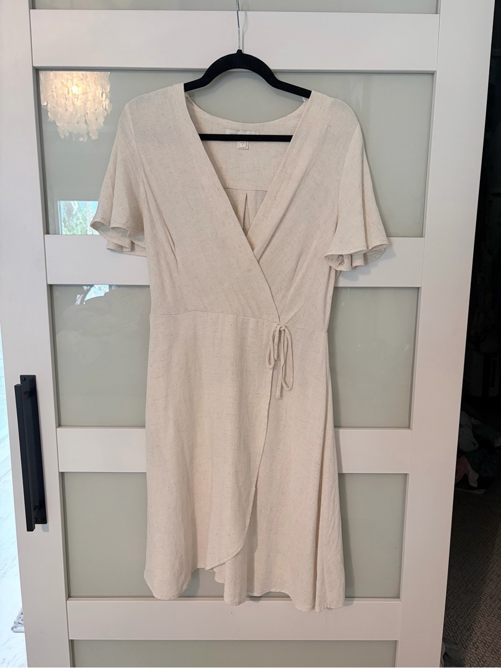 Cream Linen Wrap Dress with Flutter Sleeves